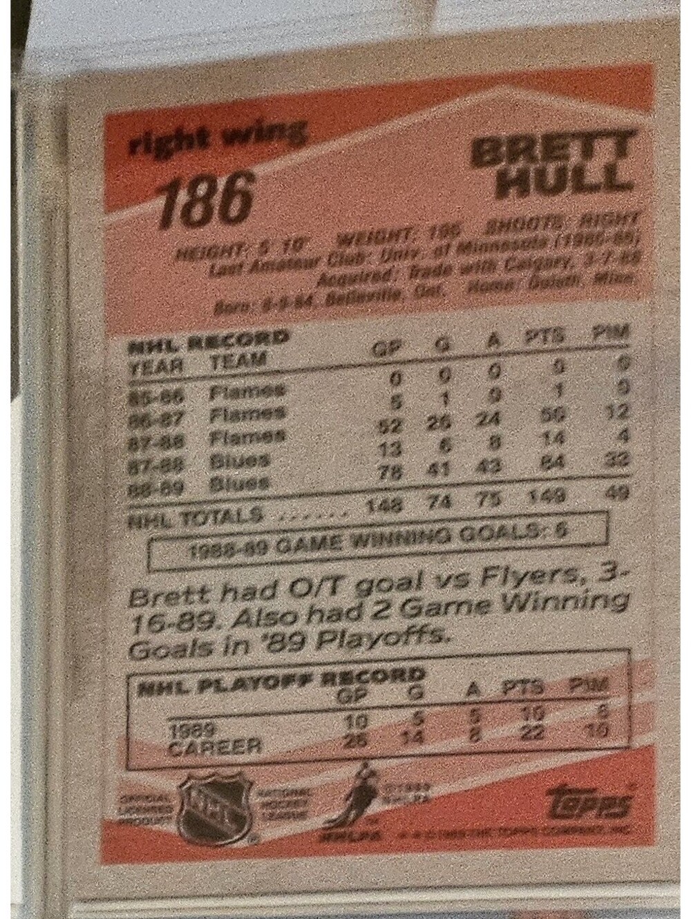 BRETT HULL 1989-90 Topps #186- 2nd Year  - St. Louis NHL Hockey - Picture 2 of 2